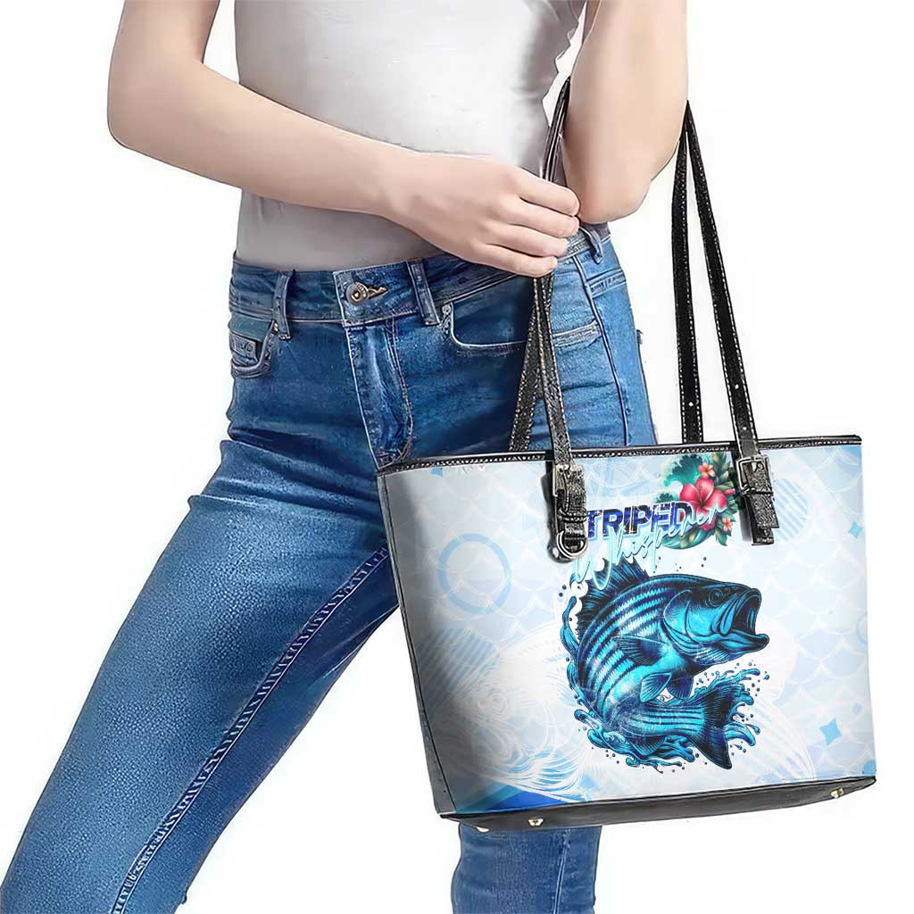 Striped Bass Whisperer Leather Tote Bag Tropical Wave Fishing Design - Wonder Print Shop
