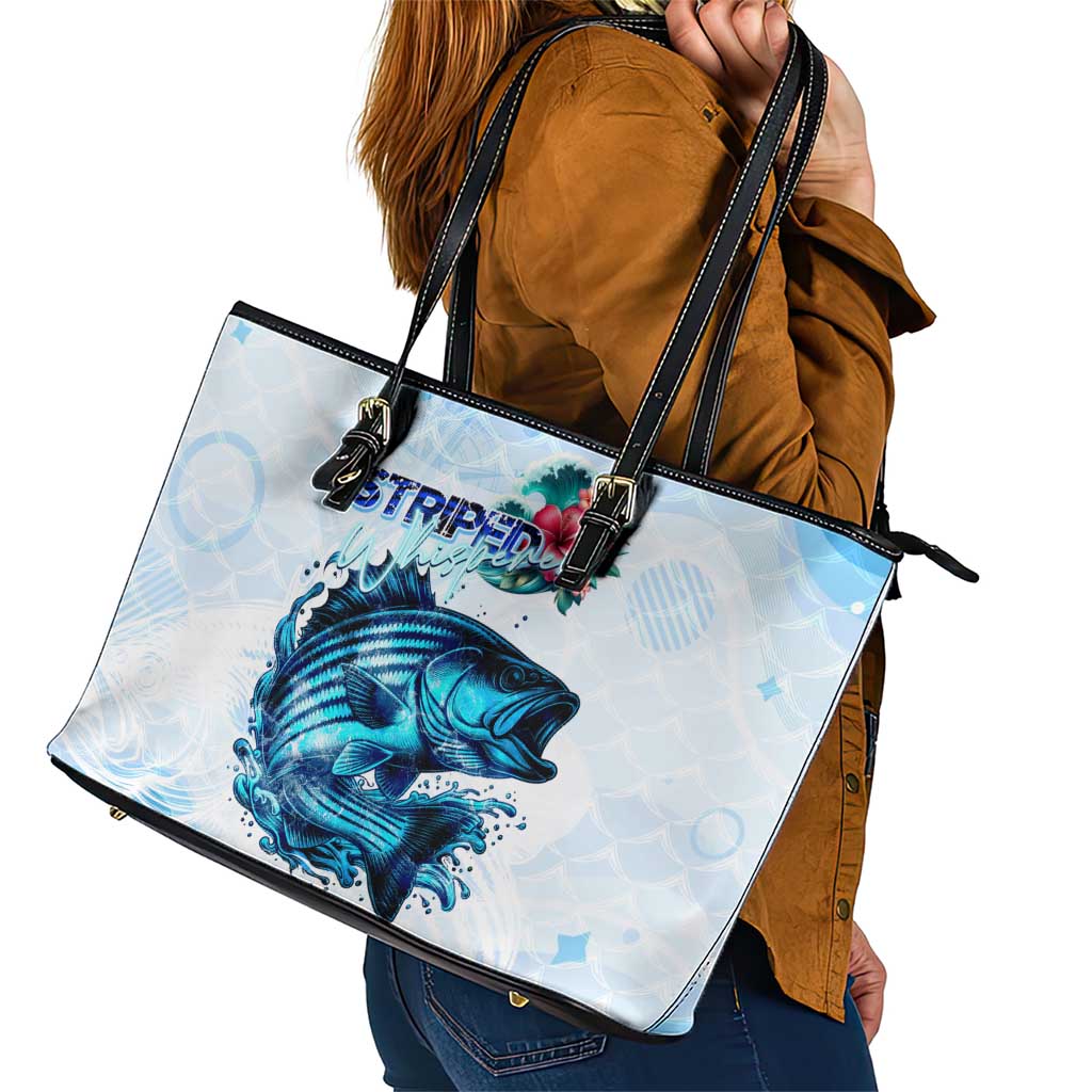 Striped Bass Whisperer Leather Tote Bag Tropical Wave Fishing Design - Wonder Print Shop