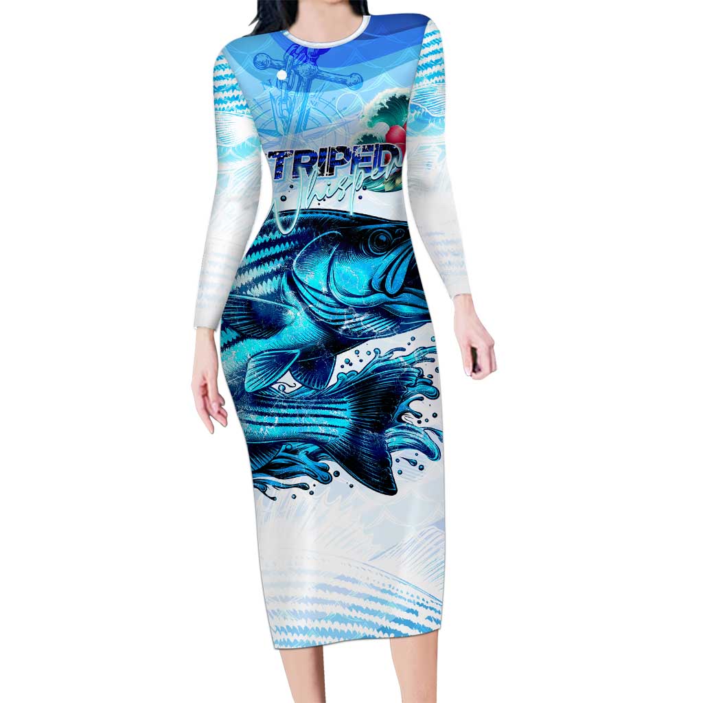Striped Bass Whisperer Long Sleeve Bodycon Dress Tropical Wave Fishing Design - Wonder Print Shop