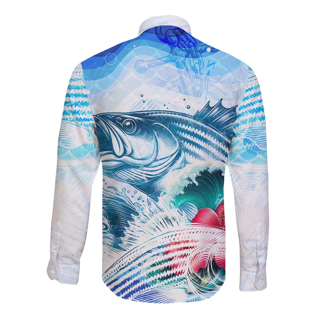 Striped Bass Whisperer Long Sleeve Button Shirt Tropical Wave Fishing Design - Wonder Print Shop