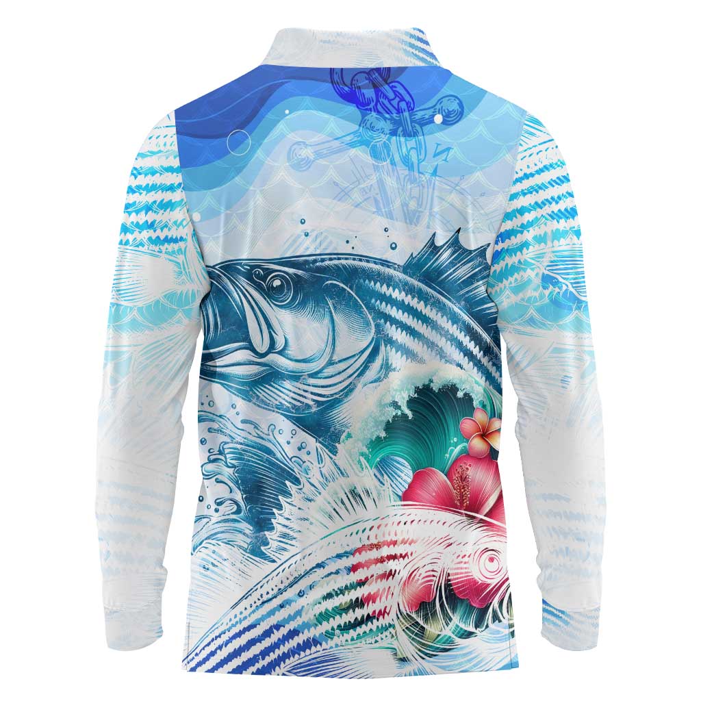 Striped Bass Whisperer Long Sleeve Polo Shirt Tropical Wave Fishing Design - Wonder Print Shop