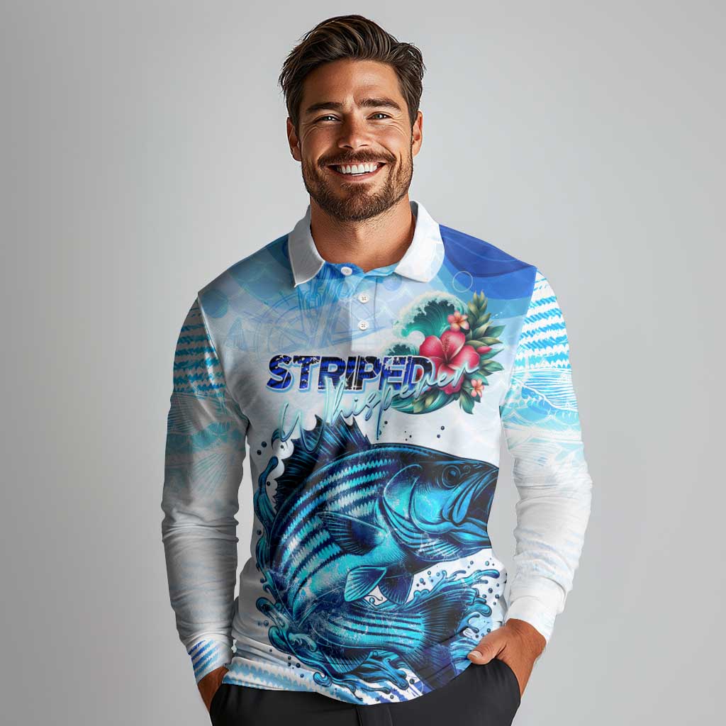 Striped Bass Whisperer Long Sleeve Polo Shirt Tropical Wave Fishing Design - Wonder Print Shop