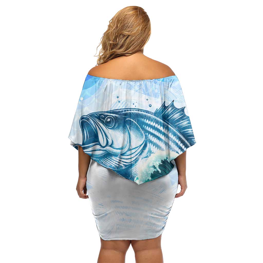 Striped Bass Whisperer Off Shoulder Short Dress Tropical Wave Fishing Design - Wonder Print Shop