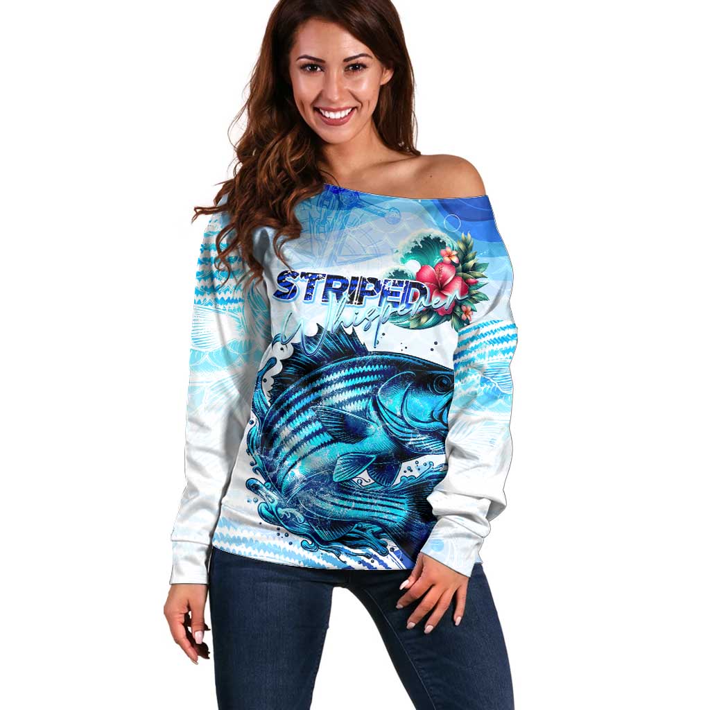 Striped Bass Whisperer Off Shoulder Sweater Tropical Wave Fishing Design - Wonder Print Shop
