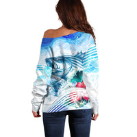 Striped Bass Whisperer Off Shoulder Sweater Tropical Wave Fishing Design - Wonder Print Shop