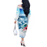 Striped Bass Whisperer Off The Shoulder Long Sleeve Dress Tropical Wave Fishing Design - Wonder Print Shop