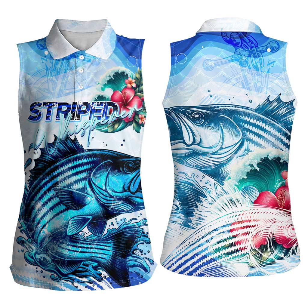 Striped Bass Whisperer Women Sleeveless Polo Shirt Tropical Wave Fishing Design - Wonder Print Shop