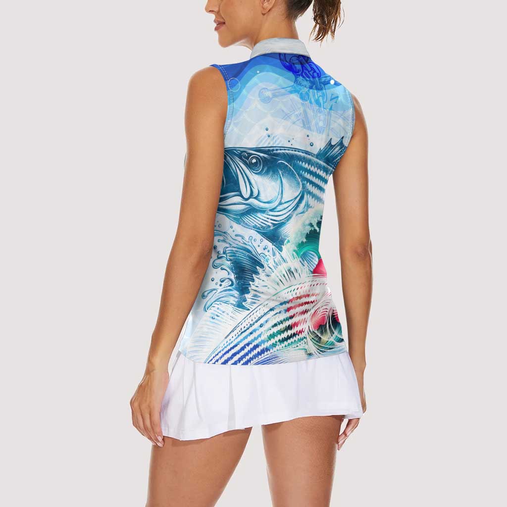 Striped Bass Whisperer Women Sleeveless Polo Shirt Tropical Wave Fishing Design - Wonder Print Shop
