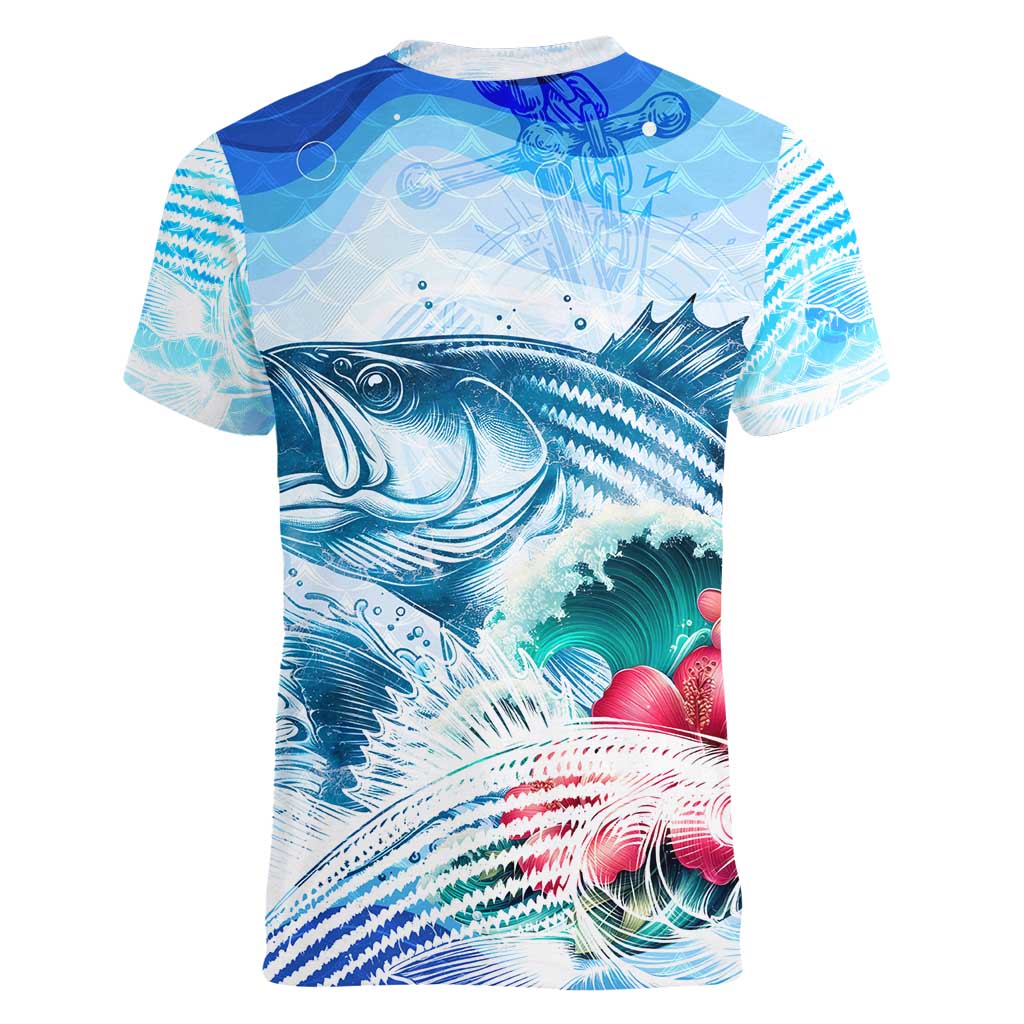 Striped Bass Whisperer Women V-Neck T-Shirt Tropical Wave Fishing Design - Wonder Print Shop