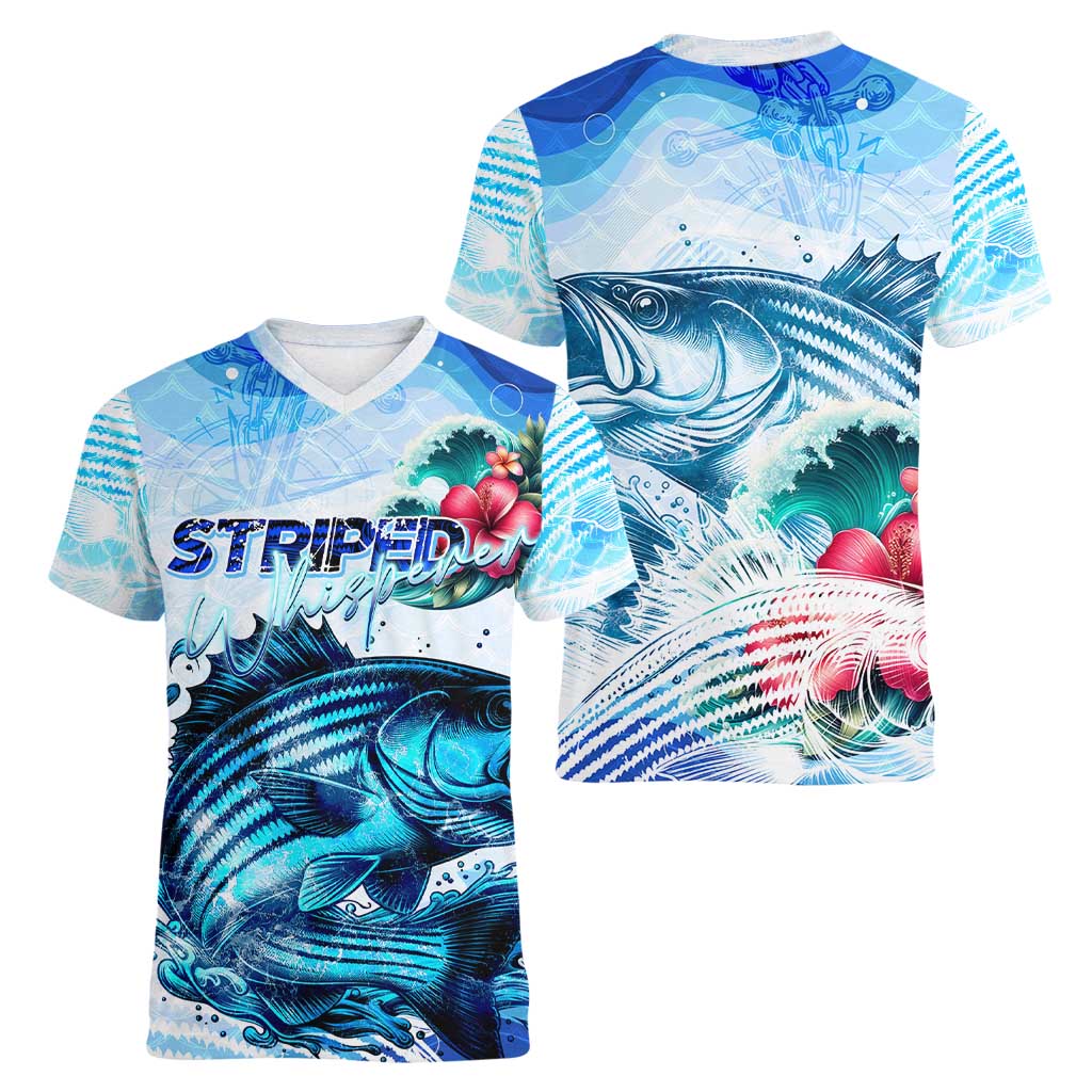 Striped Bass Whisperer Women V-Neck T-Shirt Tropical Wave Fishing Design - Wonder Print Shop