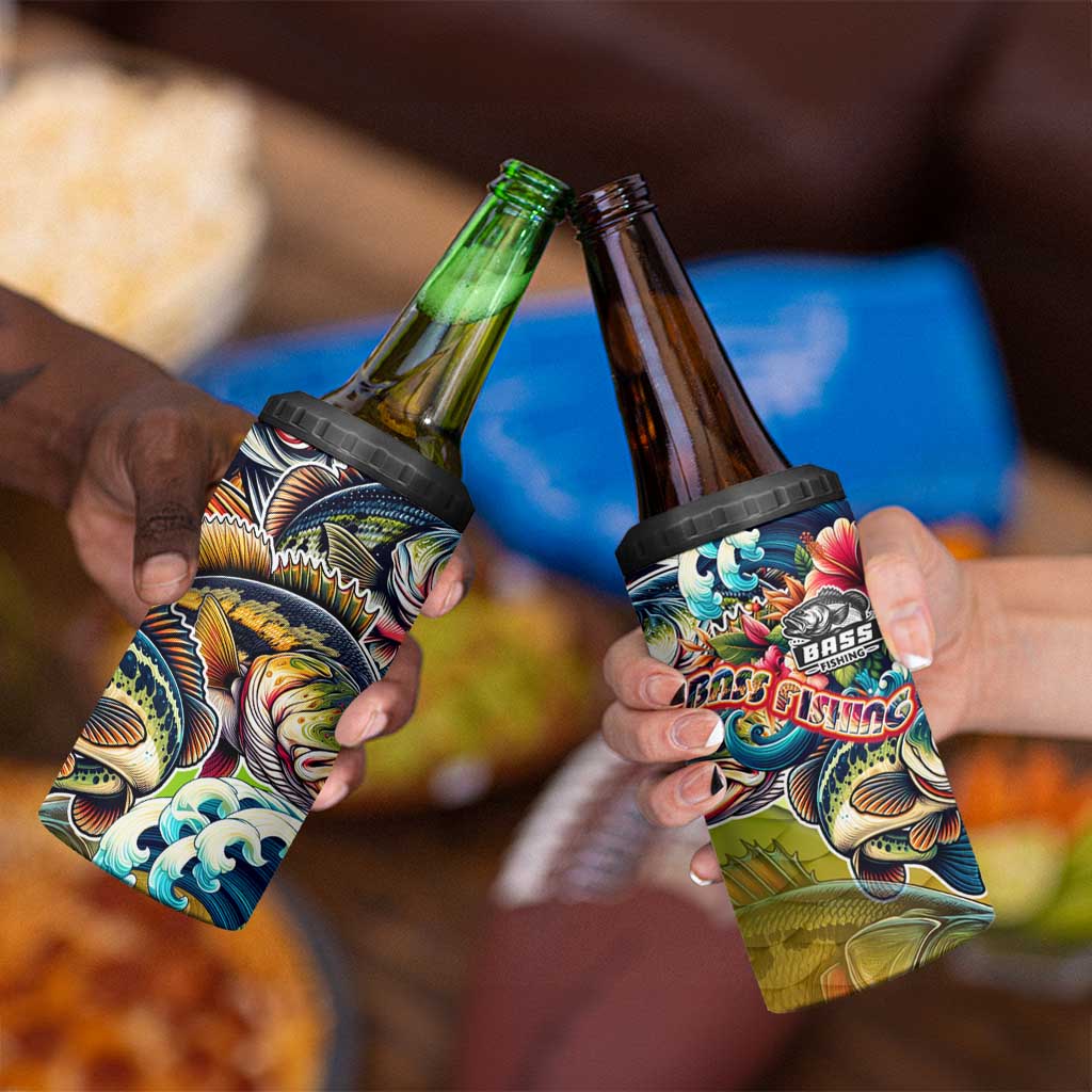 Bass Fishing 4 in 1 Can Cooler Tumbler Tropical Explosion Angler Design - Wonder Print Shop