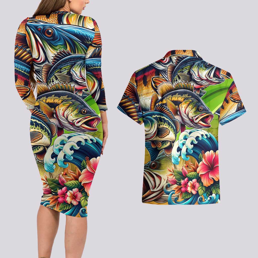 Bass Fishing Couples Matching Long Sleeve Bodycon Dress and Hawaiian Shirt Tropical Explosion Angler Design - Wonder Print Shop