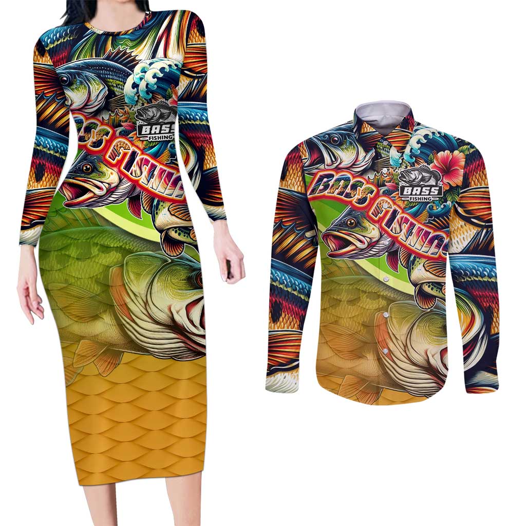 Bass Fishing Couples Matching Long Sleeve Bodycon Dress and Long Sleeve Button Shirt Tropical Explosion Angler Design - Wonder Print Shop