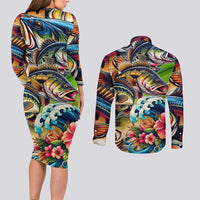 Bass Fishing Couples Matching Long Sleeve Bodycon Dress and Long Sleeve Button Shirt Tropical Explosion Angler Design - Wonder Print Shop