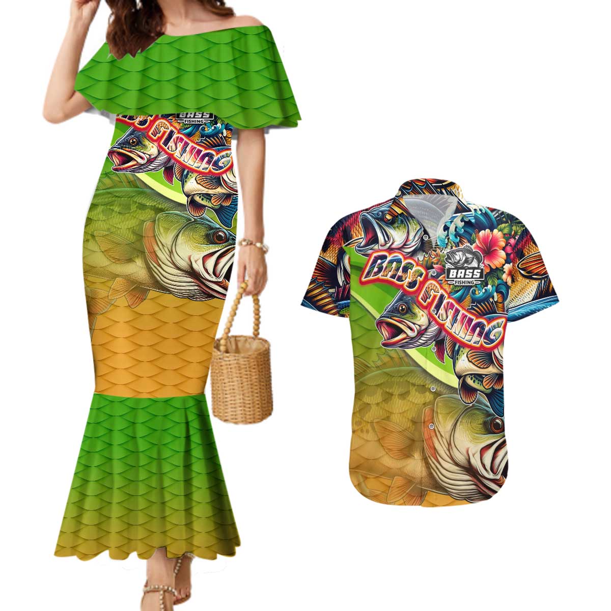 Bass Fishing Couples Matching Mermaid Dress and Hawaiian Shirt Tropical Explosion Angler Design - Wonder Print Shop