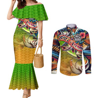 Bass Fishing Couples Matching Mermaid Dress and Long Sleeve Button Shirt Tropical Explosion Angler Design - Wonder Print Shop