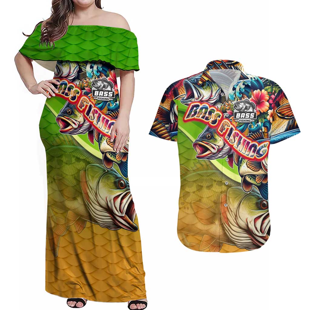 Bass Fishing Couples Matching Off Shoulder Maxi Dress and Hawaiian Shirt Tropical Explosion Angler Design - Wonder Print Shop