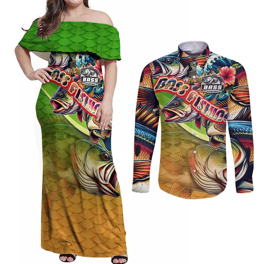Bass Fishing Couples Matching Off Shoulder Maxi Dress and Long Sleeve Button Shirt Tropical Explosion Angler Design - Wonder Print Shop