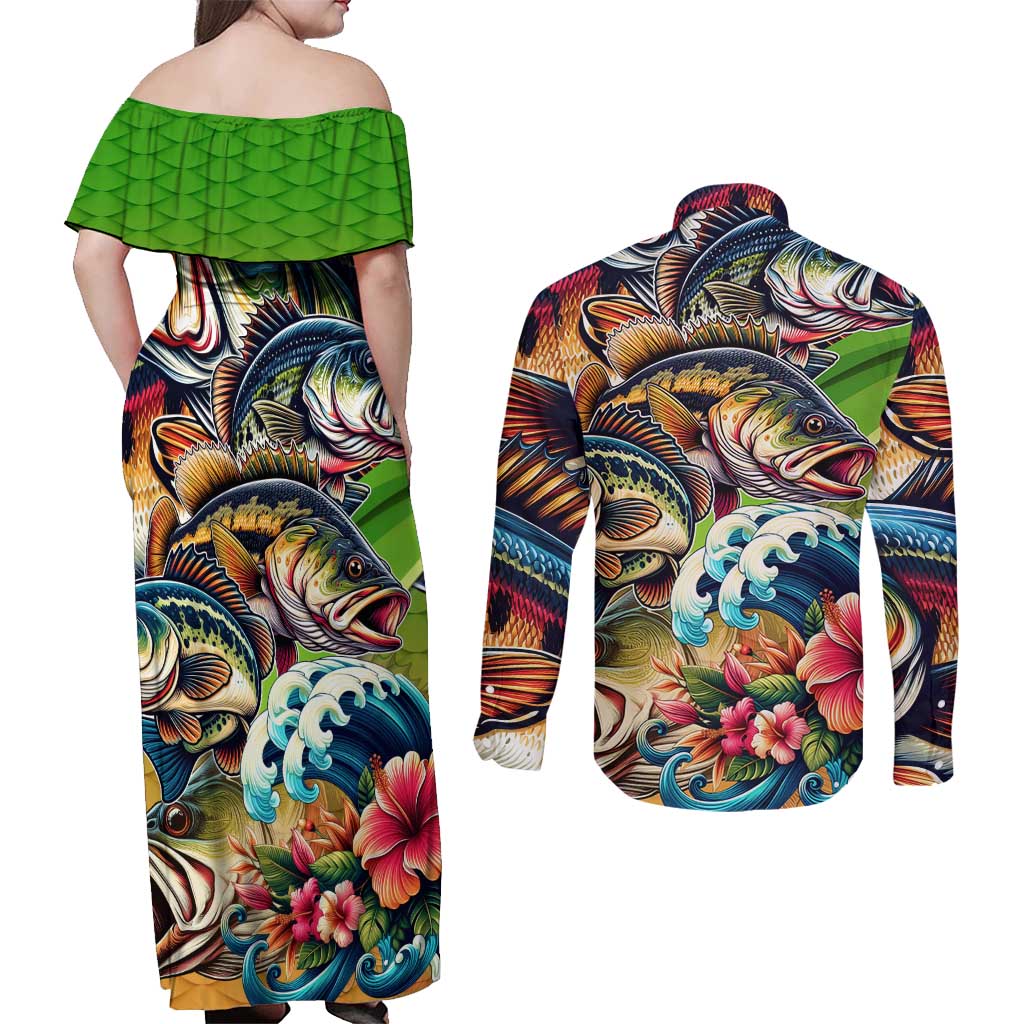 Bass Fishing Couples Matching Off Shoulder Maxi Dress and Long Sleeve Button Shirt Tropical Explosion Angler Design - Wonder Print Shop