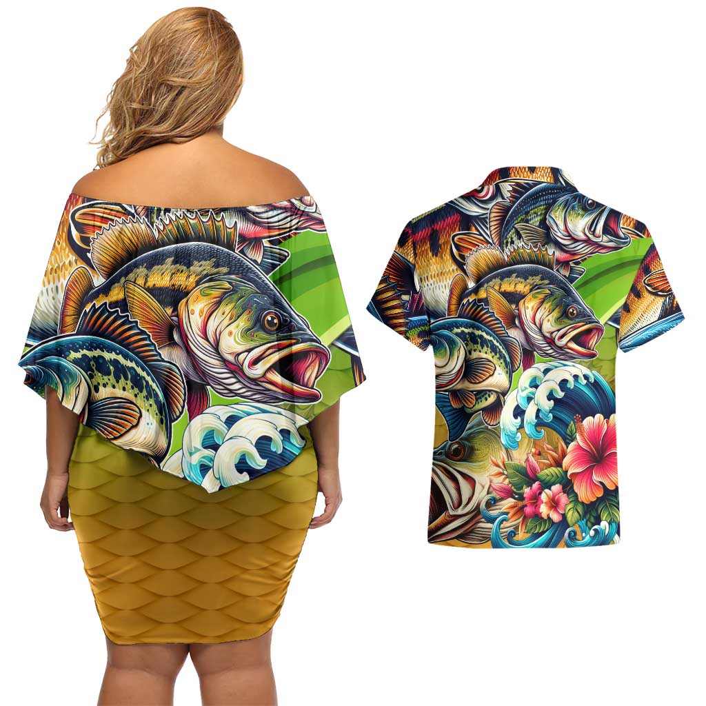 Bass Fishing Couples Matching Off Shoulder Short Dress and Hawaiian Shirt Tropical Explosion Angler Design - Wonder Print Shop