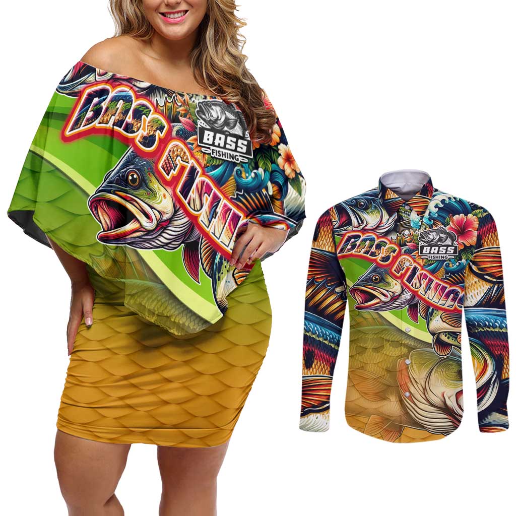 Bass Fishing Couples Matching Off Shoulder Short Dress and Long Sleeve Button Shirt Tropical Explosion Angler Design - Wonder Print Shop