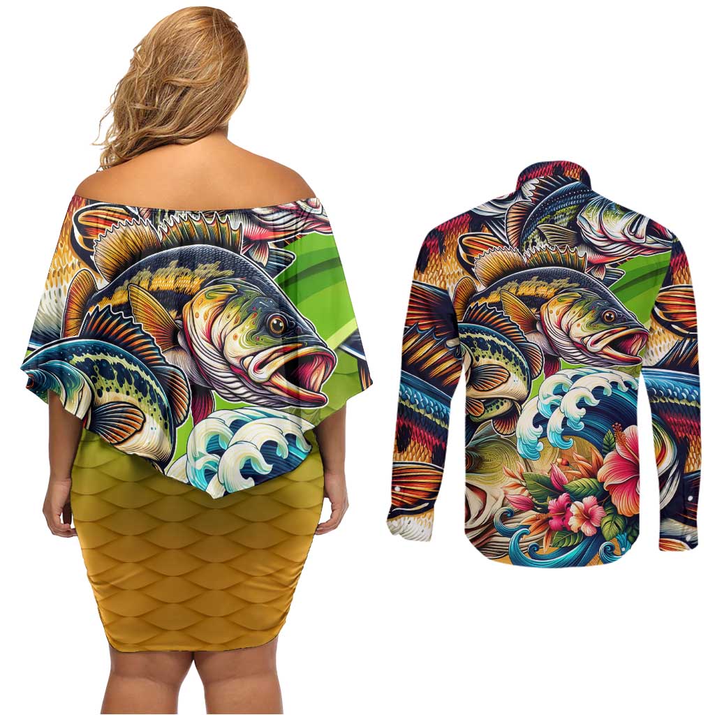 Bass Fishing Couples Matching Off Shoulder Short Dress and Long Sleeve Button Shirt Tropical Explosion Angler Design - Wonder Print Shop
