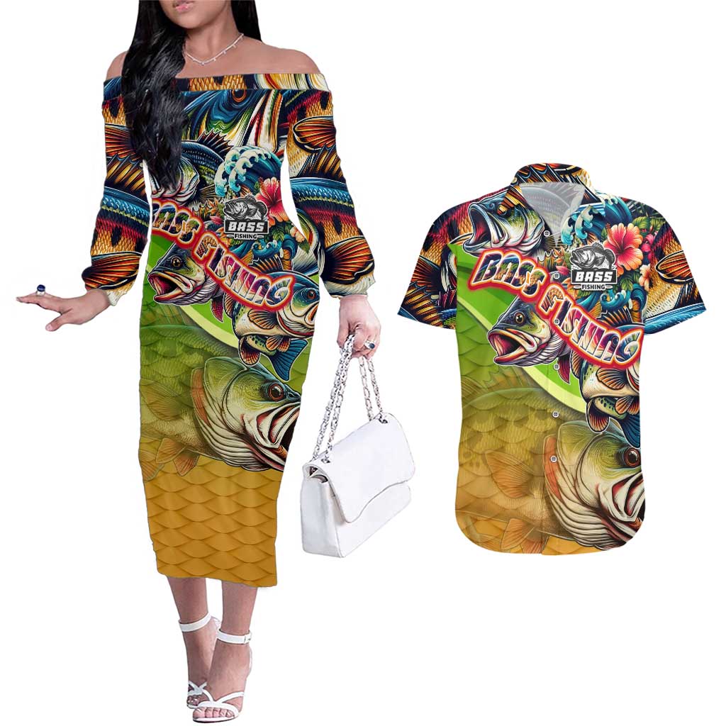 Bass Fishing Couples Matching Off The Shoulder Long Sleeve Dress and Hawaiian Shirt Tropical Explosion Angler Design - Wonder Print Shop