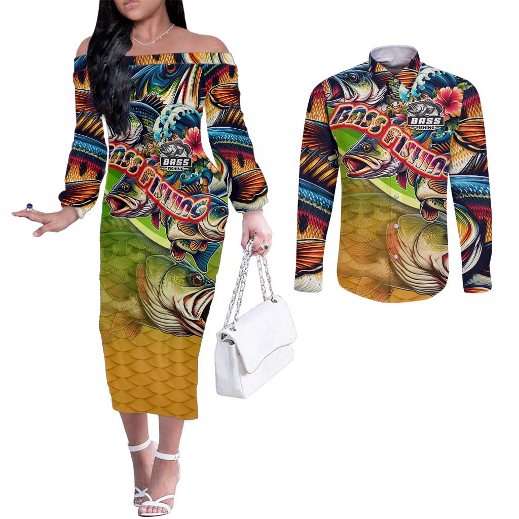 Bass Fishing Couples Matching Off The Shoulder Long Sleeve Dress and Long Sleeve Button Shirt Tropical Explosion Angler Design - Wonder Print Shop