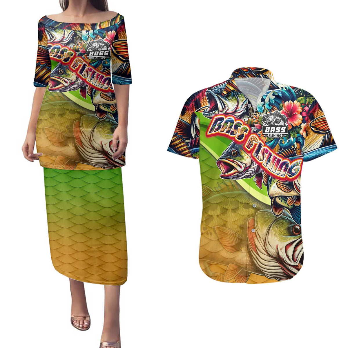 Bass Fishing Couples Matching Puletasi and Hawaiian Shirt Tropical Explosion Angler Design - Wonder Print Shop