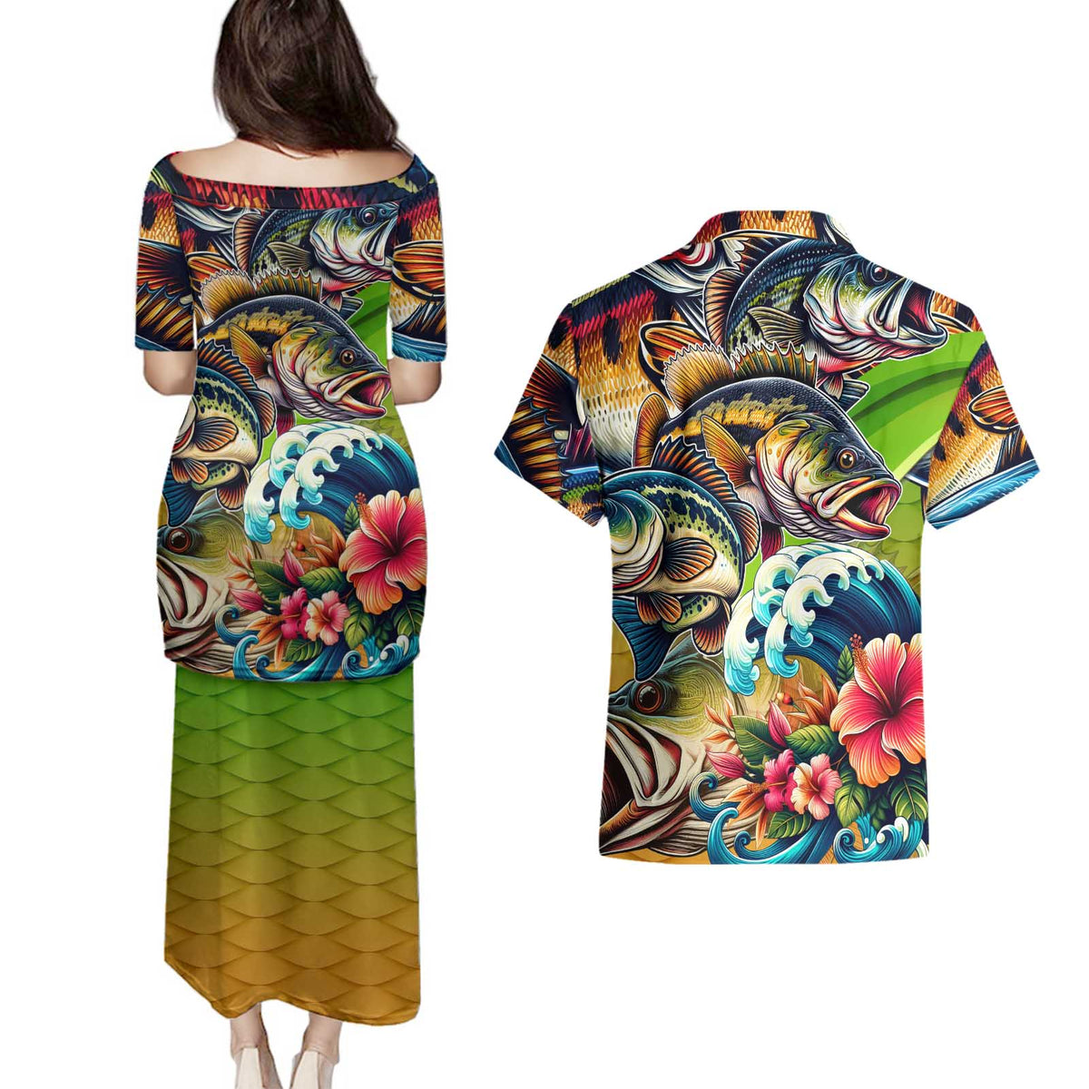Bass Fishing Couples Matching Puletasi and Hawaiian Shirt Tropical Explosion Angler Design - Wonder Print Shop