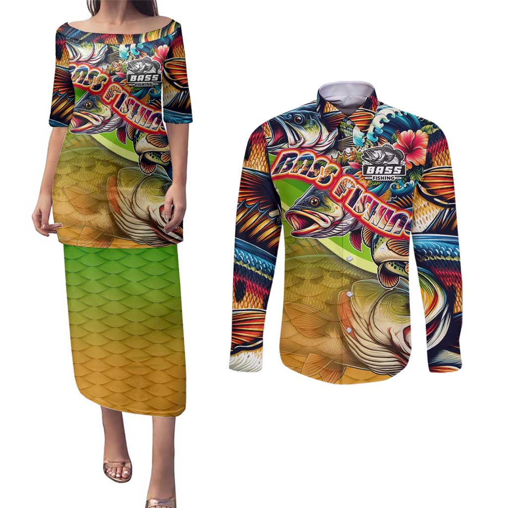 Bass Fishing Couples Matching Puletasi and Long Sleeve Button Shirt Tropical Explosion Angler Design - Wonder Print Shop