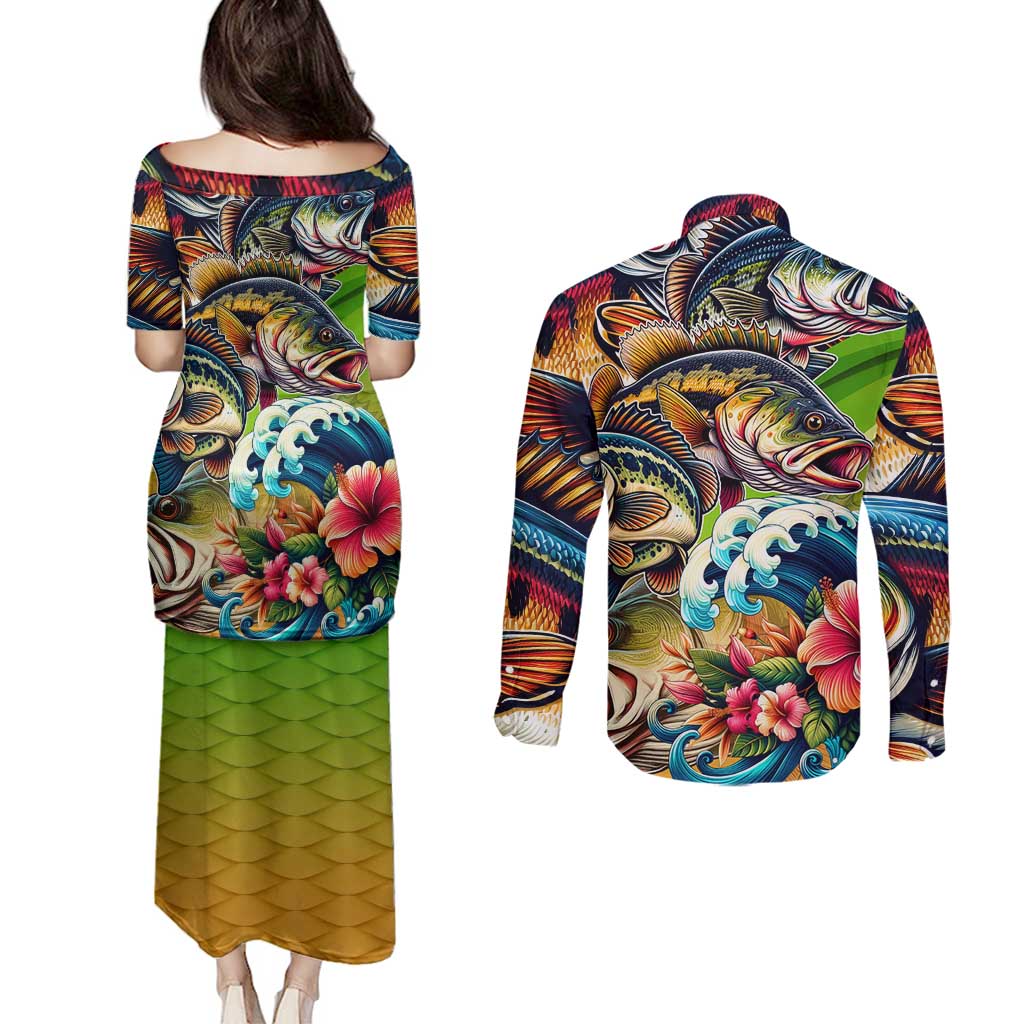 Bass Fishing Couples Matching Puletasi and Long Sleeve Button Shirt Tropical Explosion Angler Design - Wonder Print Shop