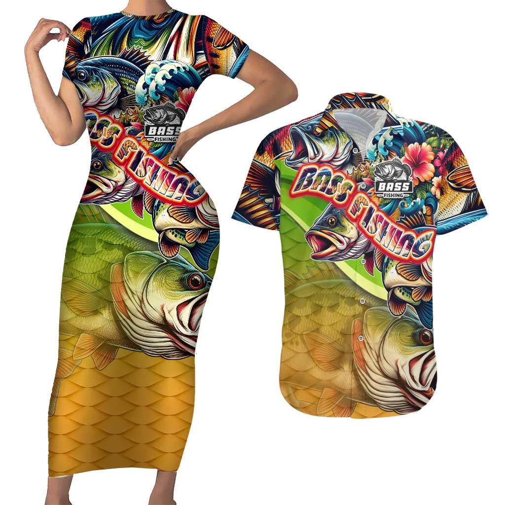 Bass Fishing Couples Matching Short Sleeve Bodycon Dress and Hawaiian Shirt Tropical Explosion Angler Design - Wonder Print Shop