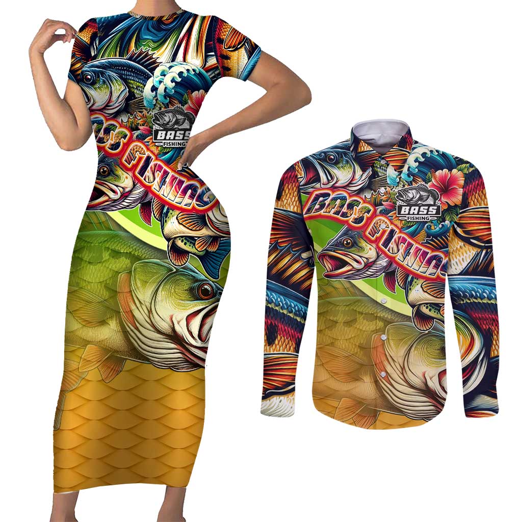 Bass Fishing Couples Matching Short Sleeve Bodycon Dress and Long Sleeve Button Shirt Tropical Explosion Angler Design - Wonder Print Shop