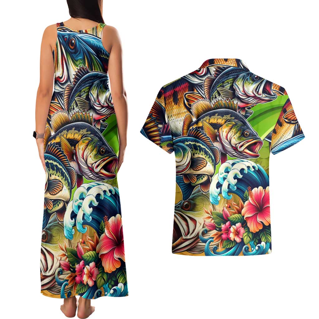 Bass Fishing Couples Matching Tank Maxi Dress and Hawaiian Shirt Tropical Explosion Angler Design - Wonder Print Shop