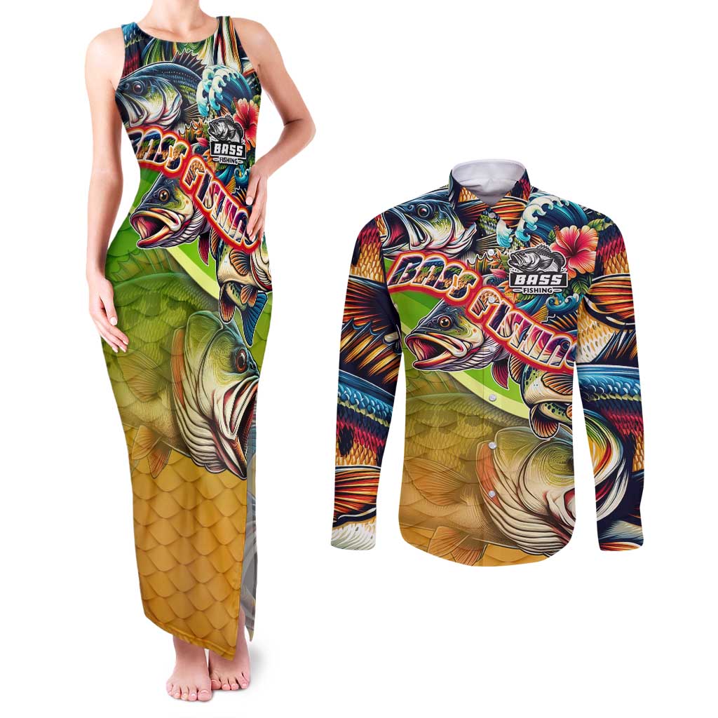 Bass Fishing Couples Matching Tank Maxi Dress and Long Sleeve Button Shirt Tropical Explosion Angler Design - Wonder Print Shop
