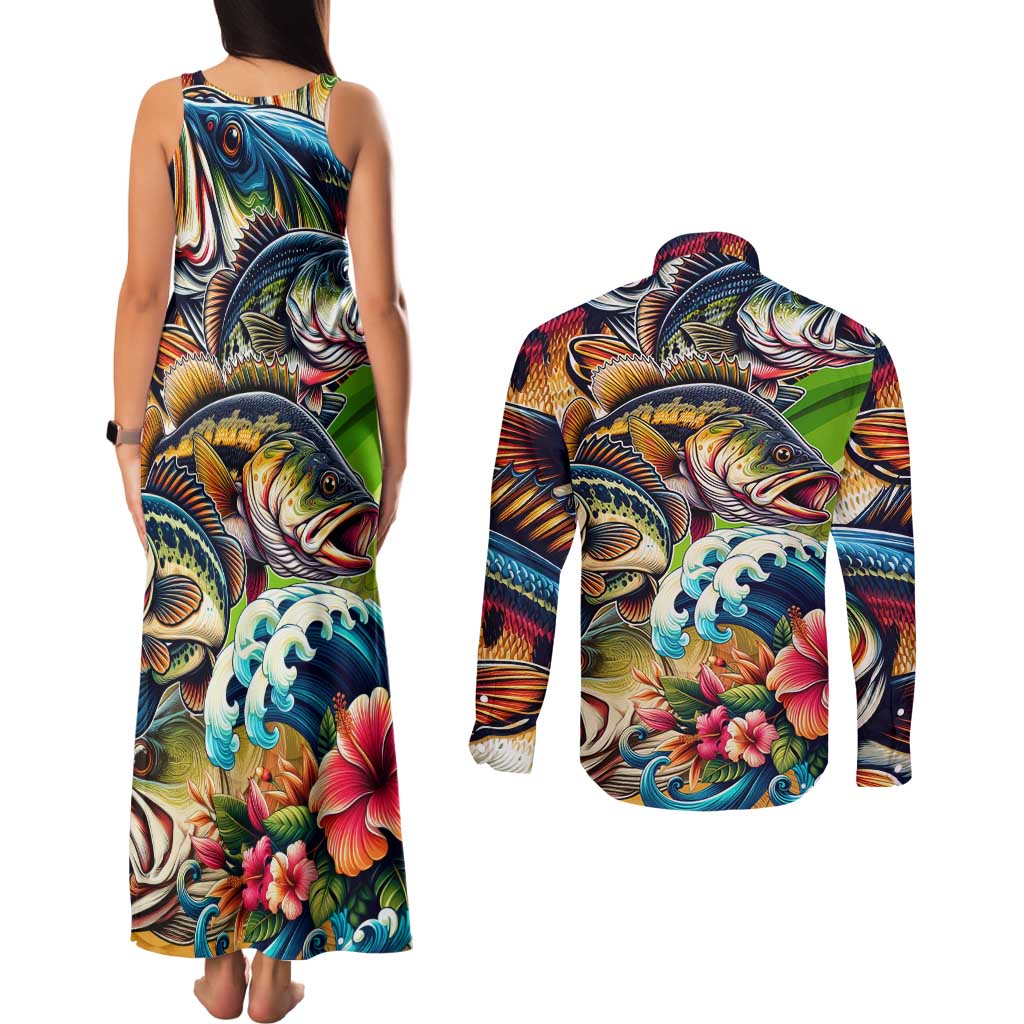 Bass Fishing Couples Matching Tank Maxi Dress and Long Sleeve Button Shirt Tropical Explosion Angler Design - Wonder Print Shop