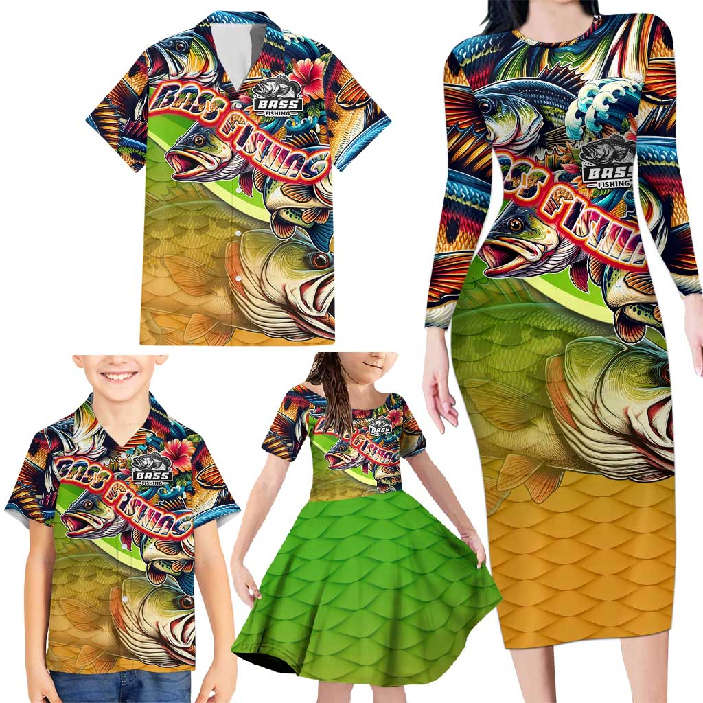 Bass Fishing Family Matching Long Sleeve Bodycon Dress and Hawaiian Shirt Tropical Explosion Angler Design - Wonder Print Shop