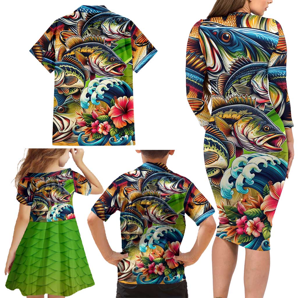 Bass Fishing Family Matching Long Sleeve Bodycon Dress and Hawaiian Shirt Tropical Explosion Angler Design - Wonder Print Shop