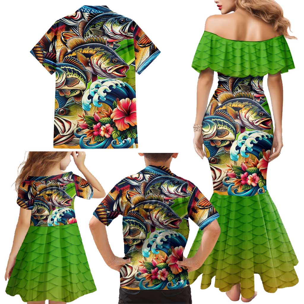 Bass Fishing Family Matching Mermaid Dress and Hawaiian Shirt Tropical Explosion Angler Design - Wonder Print Shop