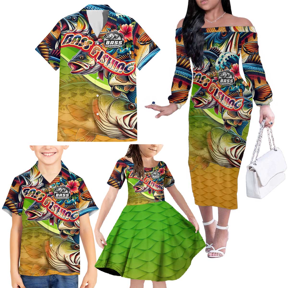Bass Fishing Family Matching Off The Shoulder Long Sleeve Dress and Hawaiian Shirt Tropical Explosion Angler Design - Wonder Print Shop