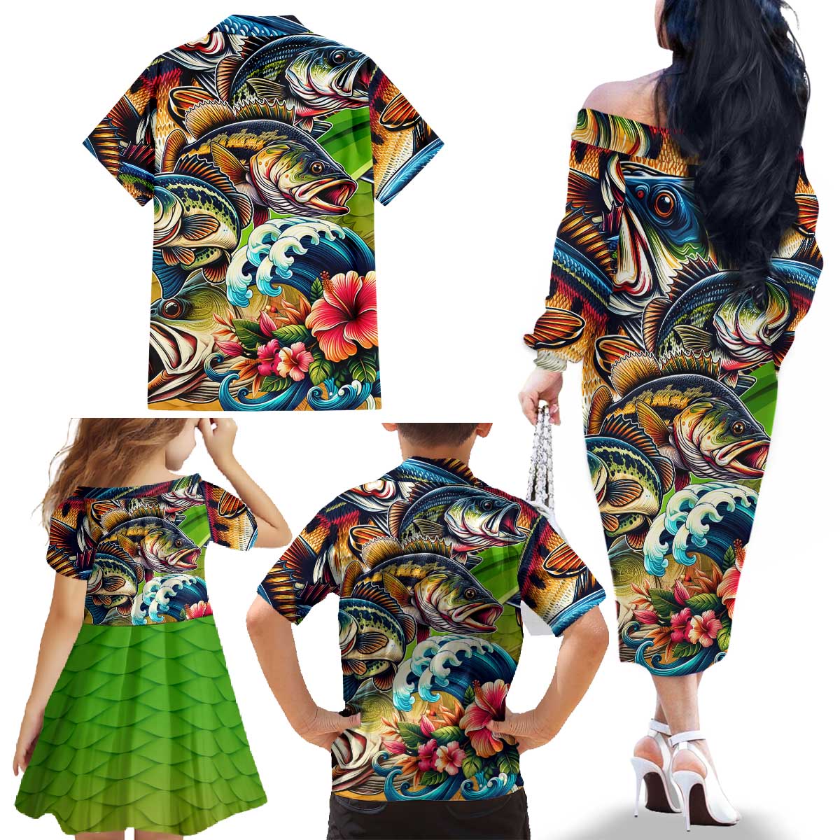 Bass Fishing Family Matching Off The Shoulder Long Sleeve Dress and Hawaiian Shirt Tropical Explosion Angler Design - Wonder Print Shop