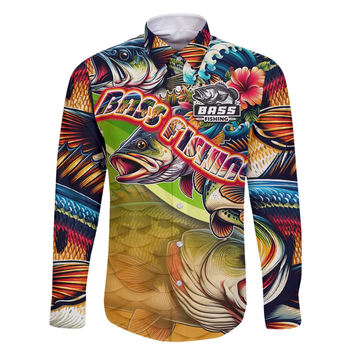 Bass Fishing Family Matching Off The Shoulder Long Sleeve Dress and Hawaiian Shirt Tropical Explosion Angler Design - Wonder Print Shop