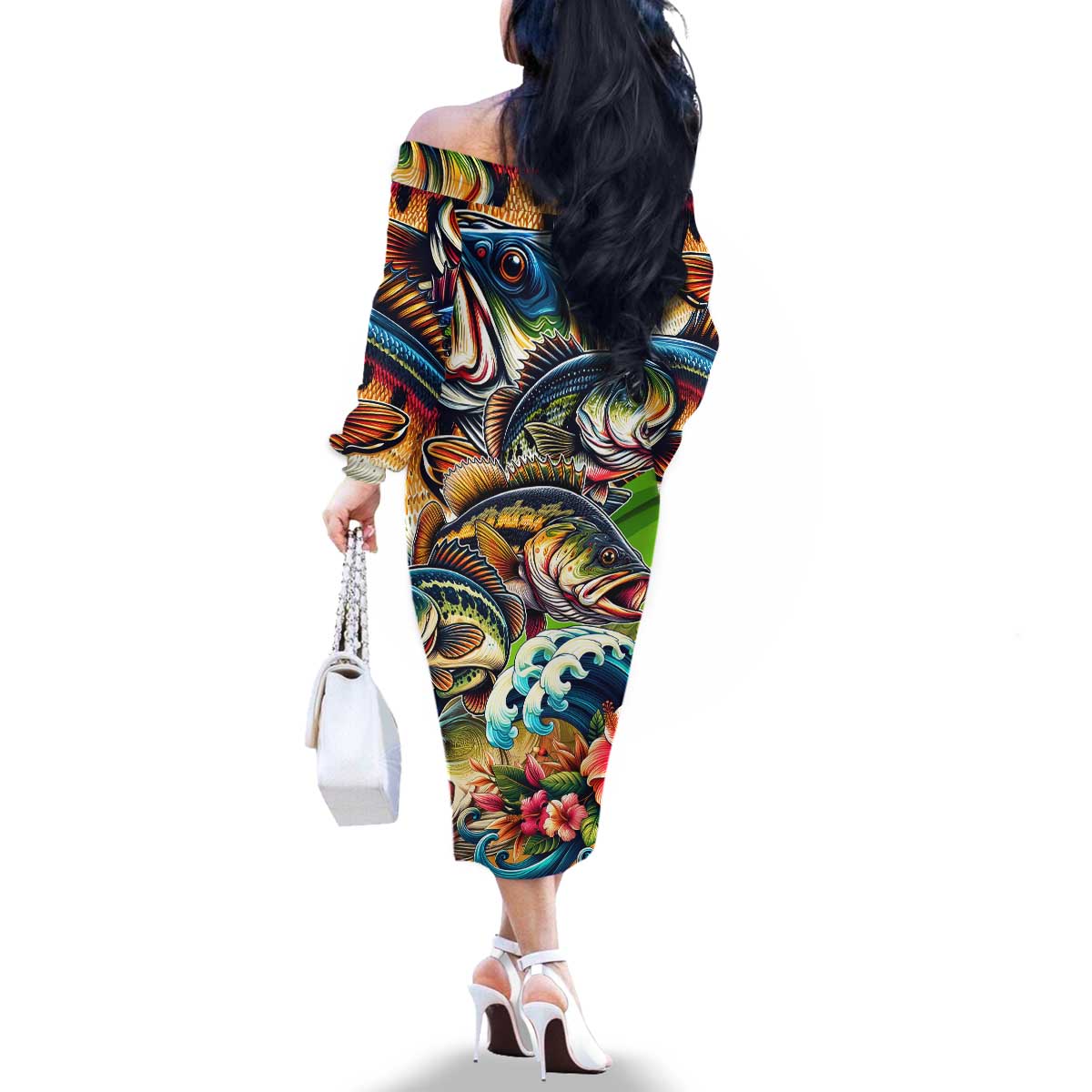 Bass Fishing Family Matching Off The Shoulder Long Sleeve Dress and Hawaiian Shirt Tropical Explosion Angler Design - Wonder Print Shop