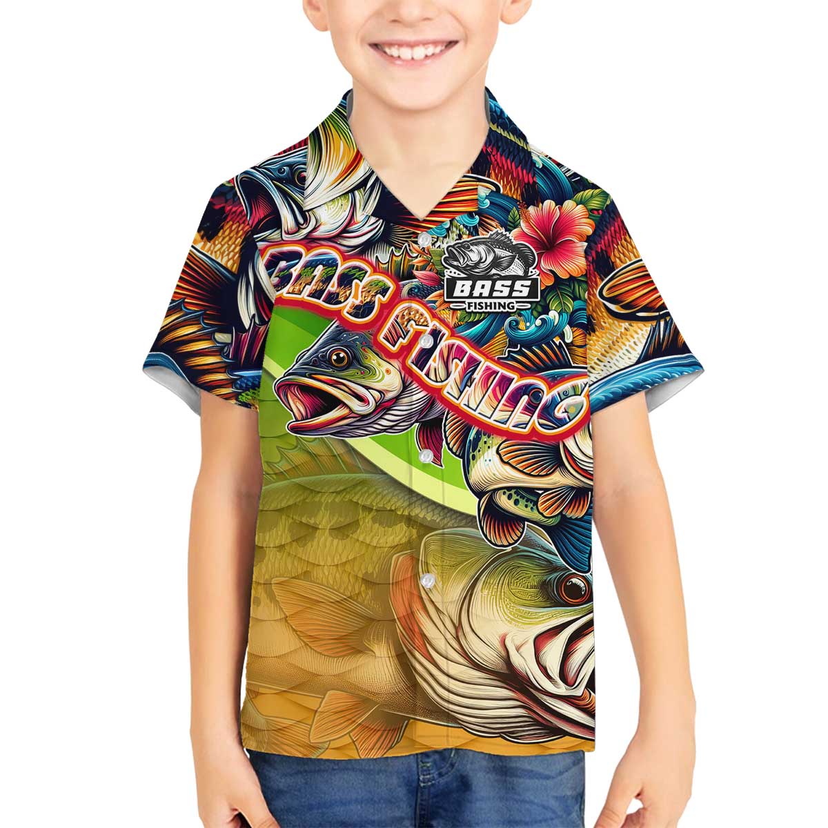 Bass Fishing Family Matching Off The Shoulder Long Sleeve Dress and Hawaiian Shirt Tropical Explosion Angler Design - Wonder Print Shop