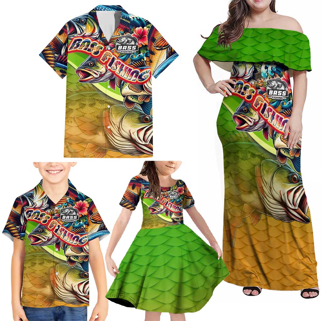 Bass Fishing Family Matching Off Shoulder Maxi Dress and Hawaiian Shirt Tropical Explosion Angler Design - Wonder Print Shop