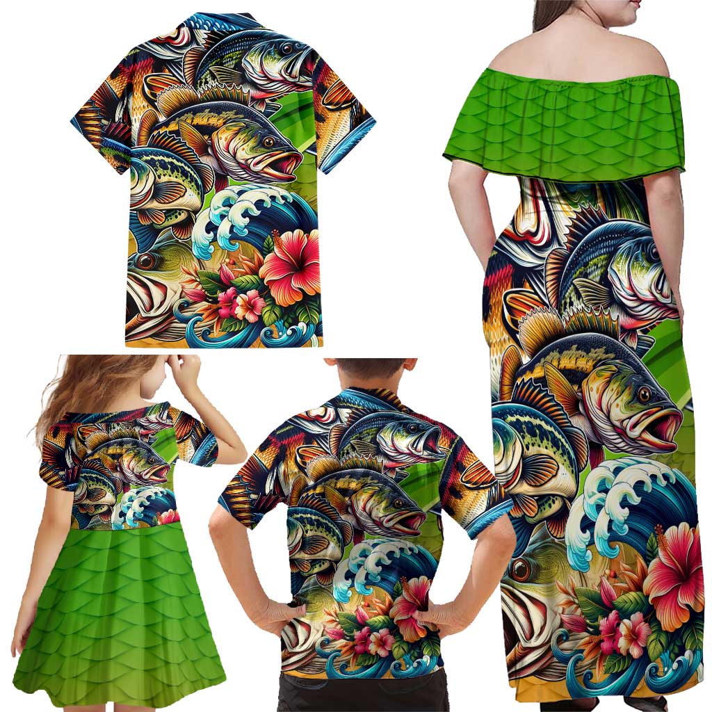 Bass Fishing Family Matching Off Shoulder Maxi Dress and Hawaiian Shirt Tropical Explosion Angler Design - Wonder Print Shop