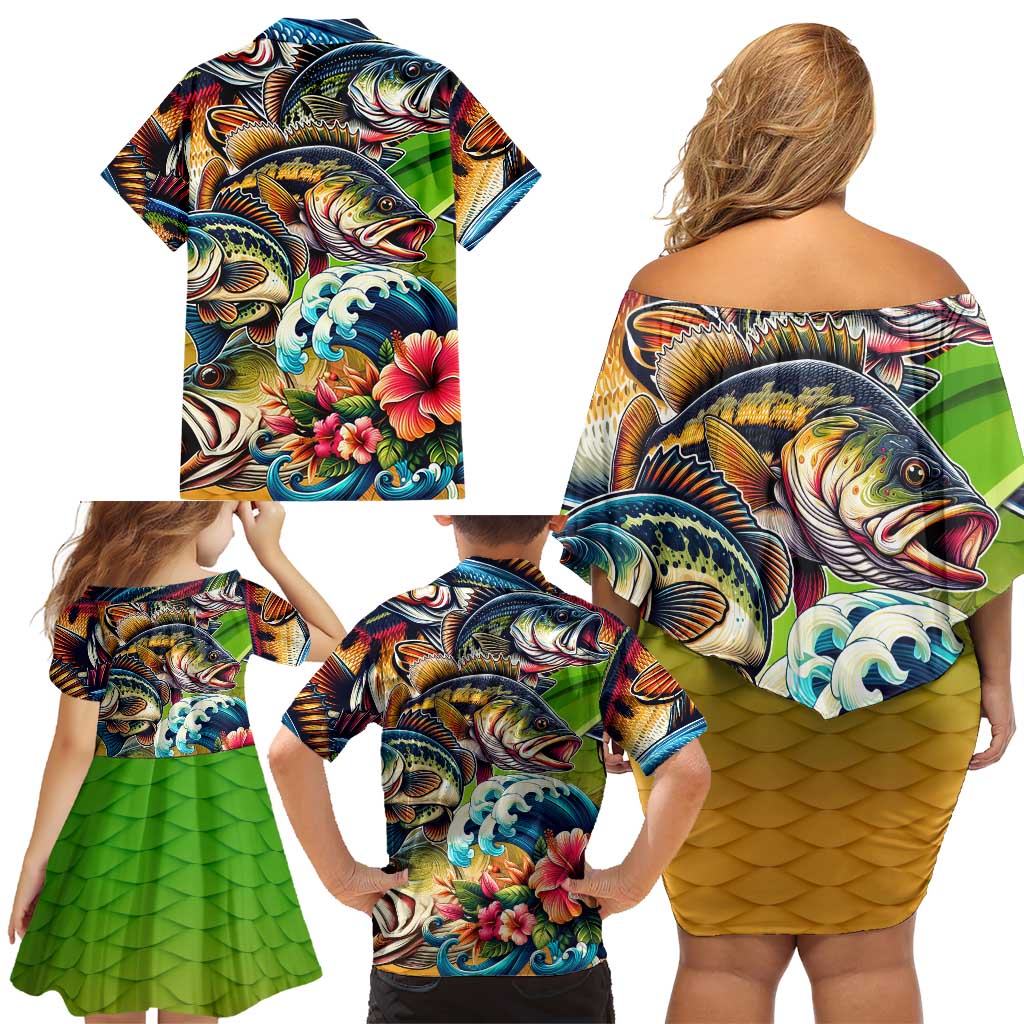 Bass Fishing Family Matching Off Shoulder Short Dress and Hawaiian Shirt Tropical Explosion Angler Design - Wonder Print Shop