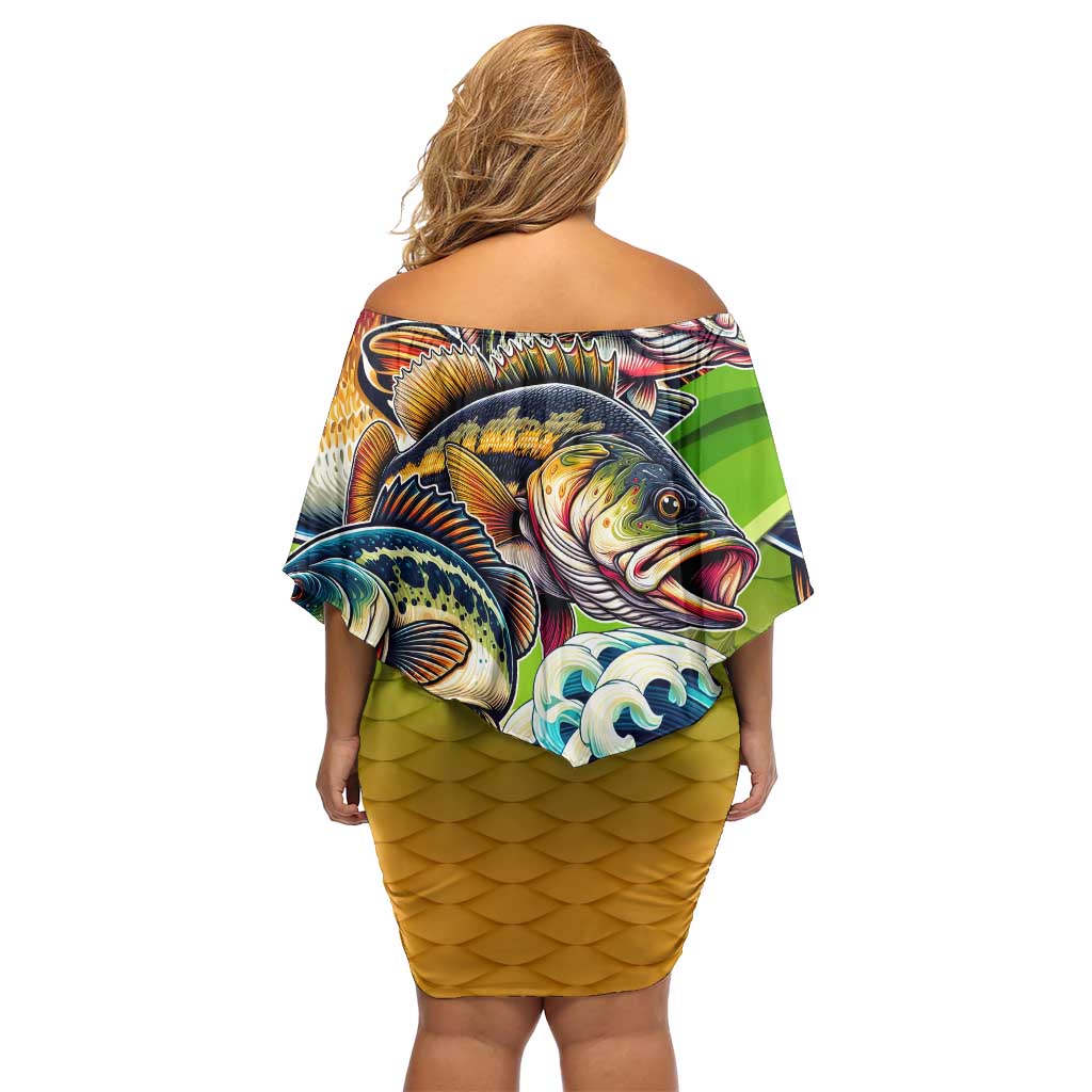 Bass Fishing Family Matching Off Shoulder Short Dress and Hawaiian Shirt Tropical Explosion Angler Design - Wonder Print Shop