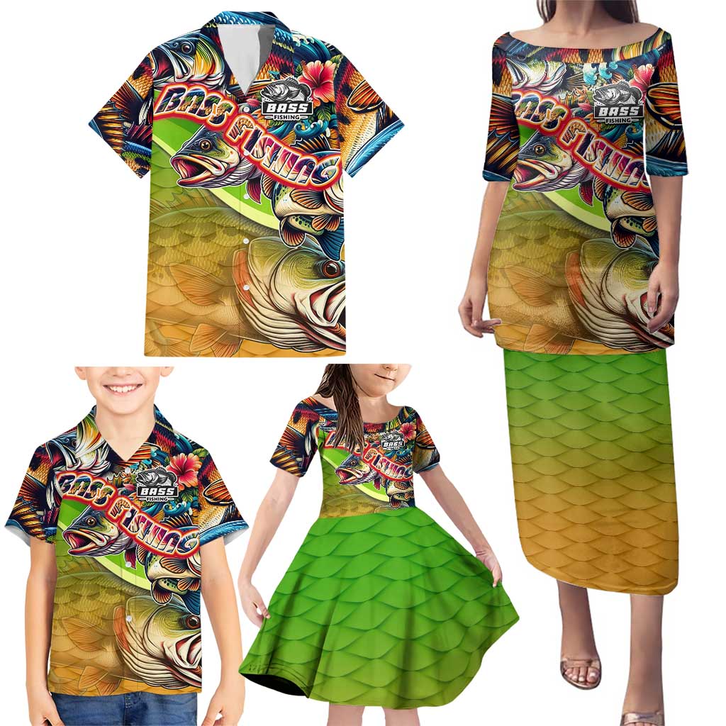 Bass Fishing Family Matching Puletasi and Hawaiian Shirt Tropical Explosion Angler Design - Wonder Print Shop